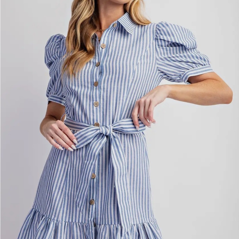Blue and White Ruffled Puff Sleeve Midi Dress